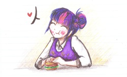 Size: 1900x1150 | Tagged: safe, artist:cosmicponye, twilight sparkle, human, g4, alternate hairstyle, burger, eyes closed, female, food, hair bun, hamburger, happy, hay burger, humanized, messy eating, solo, twilight burgkle