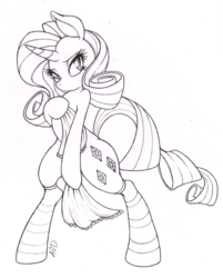 Size: 1206x1500 | Tagged: safe, artist:dfectivedvice, rarity, pony, semi-anthro, g4, arm hooves, bipedal, clothes, covering, female, grayscale, lineart, monochrome, pinup, simple background, sketch, socks, solo, striped socks, traditional art, white background