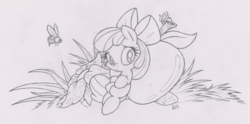 Size: 3022x1502 | Tagged: safe, artist:dfectivedvice, apple bloom, bee, ladybug, g4, female, grayscale, monochrome, sketch, solo, tiny, traditional art