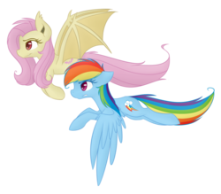 Size: 1024x899 | Tagged: safe, artist:felcia, fluttershy, rainbow dash, bat pony, pegasus, pony, bats!, g4, my little pony: friendship is magic, duo, duo female, female, flutterbat, mare, race swap, simple background, transparent background