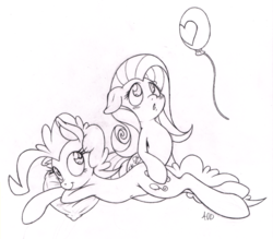 Size: 800x701 | Tagged: safe, artist:dfectivedvice, fluttershy, pinkie pie, g4, balloon, belly button, female, grayscale, lesbian, lineart, monochrome, pillow, prone, ship:flutterpie, traditional art