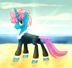 Size: 1916x1815 | Tagged: safe, artist:wolframclaws, seabreeze, pony, unicorn, g4, it ain't easy being breezies, beach, male, ponified, solo, species swap