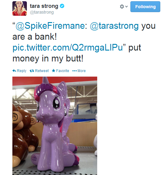 568036 - suggestive, twilight sparkle, alicorn, pony, female, mare, piggy  bank, tara strong, text, twilight sparkle (alicorn), twitter, wat, wtf -  Derpibooru