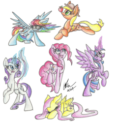 Size: 1024x1103 | Tagged: safe, artist:draconicsonic, applejack, fluttershy, pinkie pie, rainbow dash, rarity, twilight sparkle, alicorn, pony, g4, apple, female, magic, mane six, mare, ribbon, sunglasses, traditional art, twilight sparkle (alicorn)