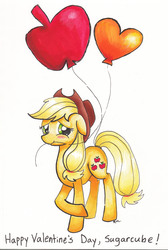Size: 2013x3003 | Tagged: safe, artist:catscratchpaper, applejack, g4, applejack's hat, balloon, blonde, cowboy hat, crossed hooves, female, green eyes, hat, high res, mouth hold, simple background, solo, traditional art, valentine