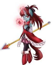 Size: 2153x2550 | Tagged: safe, artist:pridark, semi-anthro, apple, clothes, high res, kyoko sakura, magic, magical girl, ponified, puella magi madoka magica, simple background, solo, soul gem, spear, transparent background, weapon