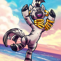 Size: 1600x1600 | Tagged: safe, artist:kp-shadowsquirrel, zecora, zebra, g4, beach, cute, eyes closed, female, happy, open mouth, solo, water, zecorable