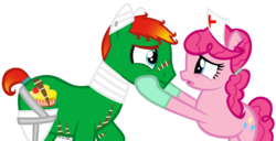 Size: 3472x1784 | Tagged: safe, artist:missitofu, pinkie pie, oc, g4, amputee, bandage, duo, nurse, simple background, story in the source, transparent background