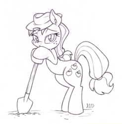 Size: 1475x1500 | Tagged: safe, artist:dfectivedvice, applejack, g4, bipedal leaning, female, grayscale, looking at you, monochrome, resting, shovel, sketch, solo, traditional art, working