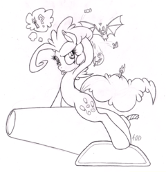 Size: 1442x1500 | Tagged: safe, artist:dfectivedvice, pinkie pie, g4, animal, cannon, female, fire, grayscale, lineart, messy, monochrome, pictogram, riding, sitting, sketch, solo, straddling, tongue out, traditional art