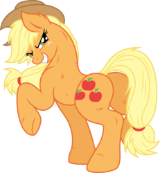 Size: 26697x28905 | Tagged: dead source, safe, artist:mimy92sonadow, artist:overdriv3n, applejack, earth pony, pony, g4, .svg available, absurd resolution, applebutt, applejacked, butt, colored, cowboy hat, dangerously high res, ear fluff, female, fit, glare, grin, hat, looking at you, looking back, mare, muscles, plot, raised hoof, simple background, slender, smiling, smirk, solo, standing, stetson, thin, transparent background, underhoof, vector