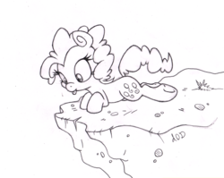 Size: 1886x1500 | Tagged: safe, artist:dfectivedvice, pinkie pie, g4, cliff, female, grayscale, lineart, monochrome, prone, solo, tongue out, traditional art, underhoof