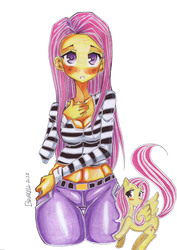 Size: 1352x1908 | Tagged: safe, artist:bavarell, fluttershy, human, g4, belly button, cleavage, female, humanized, midriff, solo, wide hips