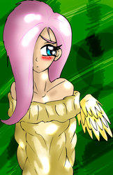 Size: 1405x2174 | Tagged: safe, artist:alcasar-reich, fluttershy, human, g4, blushing, clothes, female, humanized, off shoulder, solo, sweater, sweatershy, winged humanization