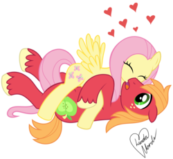 Size: 5500x5063 | Tagged: safe, artist:em120x, artist:marindashy, big macintosh, fluttershy, earth pony, pony, g4, absurd resolution, cheek kiss, cute, eyes closed, glomp, heart, kissing, love, male, ship:fluttermac, shipping, shyabetes, simple background, spread wings, stallion, straight, transparent background, vector