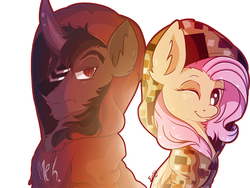 Size: 2000x1500 | Tagged: safe, artist:evehly, fluttershy, king sombra, g4, clothes, female, hoodie, looking at you, male, ship:sombrashy, shipping, smiling, straight, wink