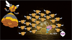 Size: 511x288 | Tagged: safe, edit, edited screencap, screencap, seabreeze, bee, breezie, combee, vespiquen, g4, beehive, honeycomb (structure), hub logo, male, pokémon, swarm