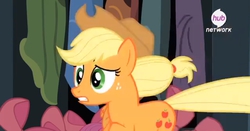 Size: 710x372 | Tagged: safe, screencap, applejack, g4, somepony to watch over me, female, hub logo, running, solo