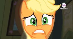 Size: 707x372 | Tagged: safe, screencap, applejack, g4, somepony to watch over me, female, hub logo, solo, worried