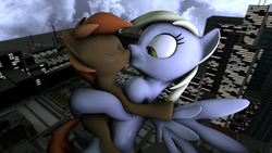 Size: 1280x720 | Tagged: safe, button mash, derpy hooves, earth pony, pegasus, pony, g4, 3d, blushing, city, crack shipping, derpymash, duo, female, flying, gm bigcity, kiss on the lips, kissing, lips, male, mare, shipping, source filmmaker, straight, surprise kiss, surprised