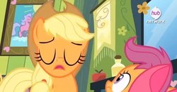 Size: 710x369 | Tagged: safe, screencap, applejack, scootaloo, g4, somepony to watch over me, hub logo