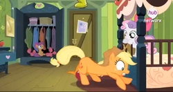 Size: 703x375 | Tagged: safe, screencap, applejack, sweetie belle, g4, somepony to watch over me, hub logo