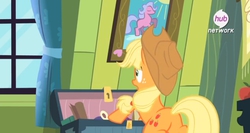 Size: 703x373 | Tagged: safe, screencap, applejack, g4, somepony to watch over me, female, hub logo, solo