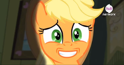 Size: 703x372 | Tagged: safe, edit, screencap, applejack, g4, somepony to watch over me, faic, female, hub logo, inverted mouth, solo