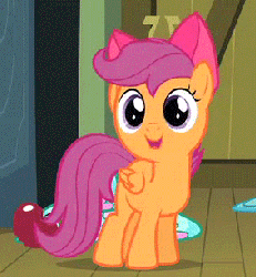 Size: 283x306 | Tagged: safe, screencap, scootaloo, pegasus, pony, g4, season 4, somepony to watch over me, animated, apple, apple bloom's bow, blank flank, bow, cute, cutealoo, female, filly, foal, folded wings, food, gif, hair bow, solo, talking, wings
