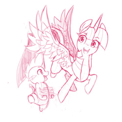 Size: 1280x1280 | Tagged: safe, artist:u-okka, spike, twilight sparkle, alicorn, pony, g4, female, happy, mare, monochrome, sketch, twilight sparkle (alicorn)