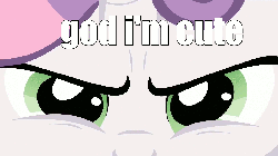 Size: 1280x720 | Tagged: safe, screencap, sweetie belle, g4, sisterhooves social, animated, close-up, eyes, female, glare, god that's cute, image macro, looking at you, meme, solo