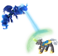 Size: 3629x3509 | Tagged: safe, artist:pridark, princess luna, oc, g4, armor, high res, magic, simple background, sparring, transparent background