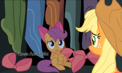 Size: 929x562 | Tagged: safe, screencap, applejack, scootaloo, g4, somepony to watch over me, begging, image macro, meme