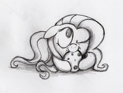 Size: 1987x1510 | Tagged: safe, artist:otto720, fluttershy, g4, cookie, cute, female, monochrome, shyabetes, solo, traditional art