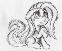 Size: 2716x2268 | Tagged: safe, artist:otto720, fluttershy, g4, crying, female, high res, injured, monochrome, solo, traditional art