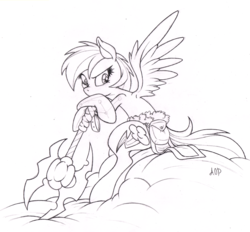Size: 1613x1500 | Tagged: safe, artist:dfectivedvice, rainbow dash, g4, axe, bag, cloud, female, grayscale, lineart, monochrome, sitting, sketch, solo, traditional art, weapon