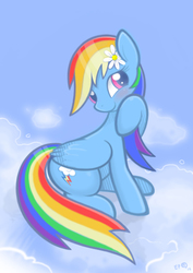 Size: 1000x1413 | Tagged: safe, artist:b-epon, artist:bluespaceling, rainbow dash, pegasus, pony, g4, blushing, cloud, cloudy, cute, embarrassed, female, flower, flower in hair, girly, lidded eyes, mare, raised hoof, sitting, smiling, solo, tomboy taming