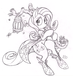 Size: 1445x1500 | Tagged: safe, artist:dfectivedvice, fluttershy, g4, belly button, fantasy class, female, grayscale, monochrome, sketch, solo, traditional art