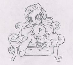 Size: 2216x1957 | Tagged: safe, artist:dfectivedvice, opalescence, rarity, g4, couch, grayscale, monochrome, sitting, sketch, traditional art