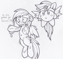 Size: 516x482 | Tagged: safe, artist:dfectivedvice, rainbow dash, puffball, g4, crossover, dialogue, grayscale, horrified, implied vore, kirby, kirby (series), kirby dash, monochrome, post-vore, sketch, traditional art, video game