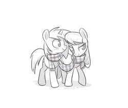 Size: 700x592 | Tagged: safe, artist:naroclie, dj pon-3, octavia melody, vinyl scratch, g4, clothes, female, lesbian, monochrome, scarf, shared clothing, shared scarf, ship:scratchtavia, shipping