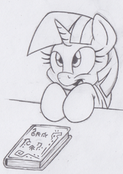 Size: 254x359 | Tagged: safe, artist:dfectivedvice, twilight sparkle, g4, book, female, grayscale, monochrome, solo, traditional art