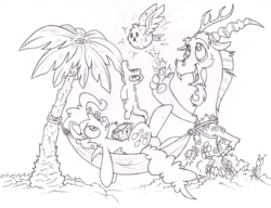 Size: 1953x1500 | Tagged: safe, artist:dfectivedvice, discord, gummy, pinkie pie, g4, chaos, drink, grayscale, hammock, lineart, magic, monochrome, on back, pet, traditional art