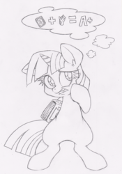 Size: 489x700 | Tagged: safe, artist:dfectivedvice, twilight sparkle, g4, a+, adorkable, book, cute, dork, female, grayscale, monochrome, pictogram, solo, thought bubble, traditional art