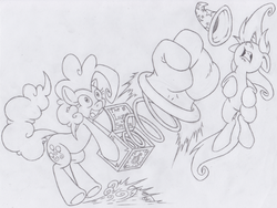 Size: 648x487 | Tagged: safe, artist:dfectivedvice, pinkie pie, trixie, g4, abuse, boxing gloves, fight, grayscale, implied lyra, monochrome, punch, spring, traditional art, trixiebuse