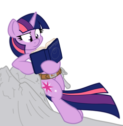 Size: 1178x1200 | Tagged: safe, artist:dfectivedvice, artist:xhazxmatx, twilight sparkle, g4, belt, book, colored, female, field study, geology, hammer, leaning, reading, simple background, solo, toolbelt, white background