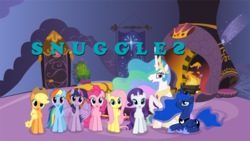 Size: 1232x693 | Tagged: safe, applejack, fluttershy, pinkie pie, princess celestia, princess luna, rainbow dash, rarity, twilight sparkle, alicorn, pony, g4, celestias room, female, frown, head tilt, looking at you, mare, open mouth, prone, raised hoof, sitting, smiling, snuggling, spread wings, twilight sparkle (alicorn)