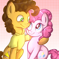 Size: 600x600 | Tagged: safe, artist:evehly, cheese sandwich, pinkie pie, g4, eye contact, female, happy, hug, male, ship:cheesepie, shipping, side hug, smiling, straight