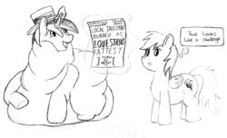 Size: 2660x1617 | Tagged: safe, artist:pit pone, peachy pitt, rainbow dash, pony, unicorn, g4, banner, banner bright, belly, boater, chubby cheeks, fat, female, hat, mare, market, monochrome, morbidly obese, newspaper, notice, obese, rolls of fat, sales-mare, salespony, straw hat, weight gain