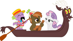 Size: 1024x578 | Tagged: safe, artist:medio-cre, button mash, discord, spike, sweetie belle, dragon, earth pony, pony, unicorn, g4, boat, colt, female, filly, foal, gondola, guitar, male, ship:sweetiemash, shipper on deck, shipping, simple background, straight, transparent background, vector